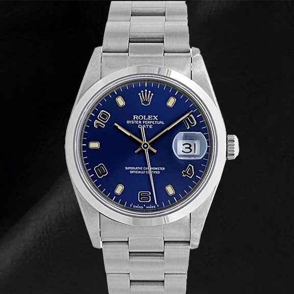 Orologio Rolex Ostrica perpetua Date blu arabo 34mm in acciaio inossidabile
