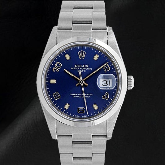 Orologio Rolex Ostrica perpetua Date blu arabo 34mm in acciaio inossidabile
