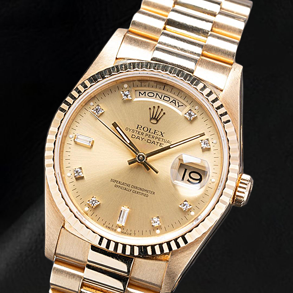 Orologio Rolex 18238 Day Date da 36mm con quadrante champagne e diamanti in oro giallo