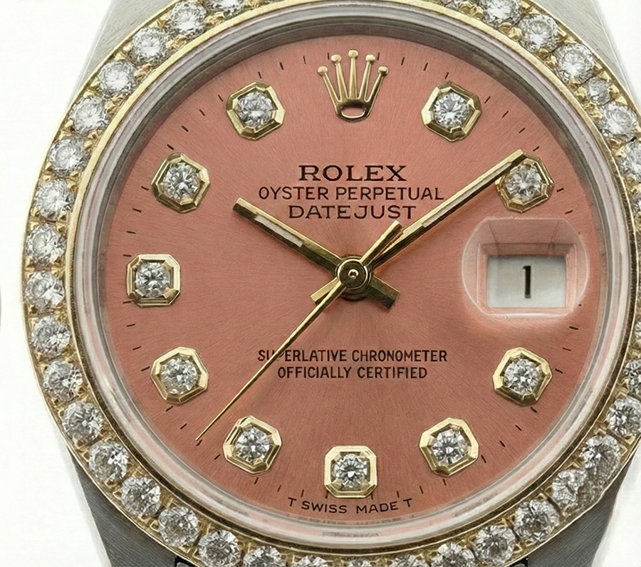 Orologio Rolex Date-Just da donna con quadrante color salmone e lunetta con diamanti