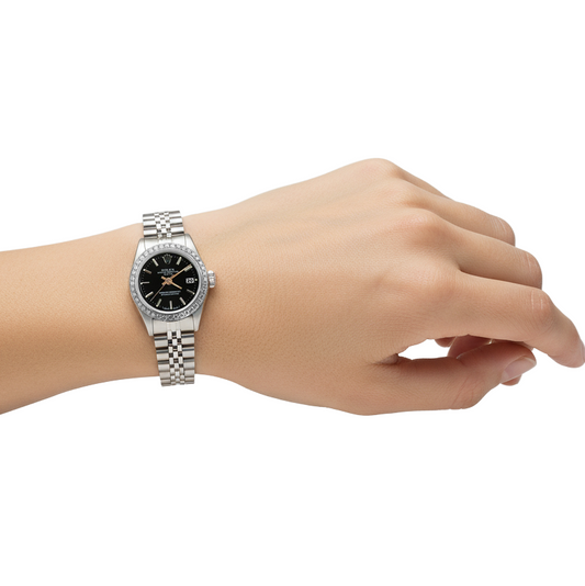 Orologio Rolex Date Acciaio Inossidabile giubileo Quadrante Nero a Bastone Lunetta P2