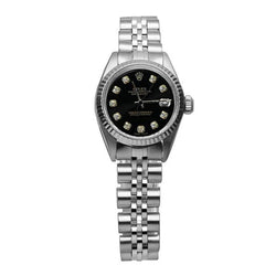 Orologio Rolex Date Just acciaio inossidabile da donna con quadrante in diamanti neri