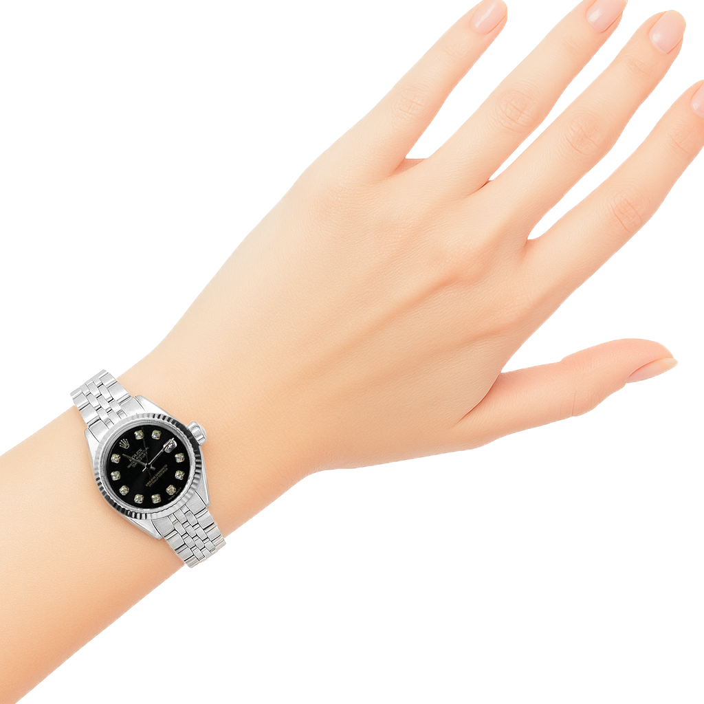 Orologio Rolex Date Just acciaio inossidabile da donna con quadrante in diamanti neri P1