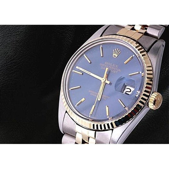 Orologio Rolex Date Just bicolore con quadrante blu ostrica perpetuo
