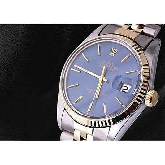 Orologio Rolex Date Just bicolore con quadrante blu ostrica perpetuo

