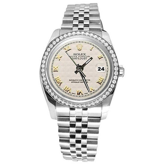 Orologio Rolex Date Just in acciaio inossidabile con bracciale Quadrante bianco con numeri romani Lunetta