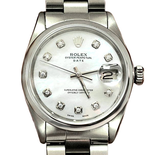 Orologio Rolex Date in madreperla bianca con quadrante in diamanti, 34 mm, in acciaio inossidabile