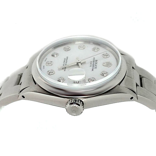 Orologio Rolex Date in madreperla bianca con quadrante in diamanti, 34 mm, in acciaio inossidabile