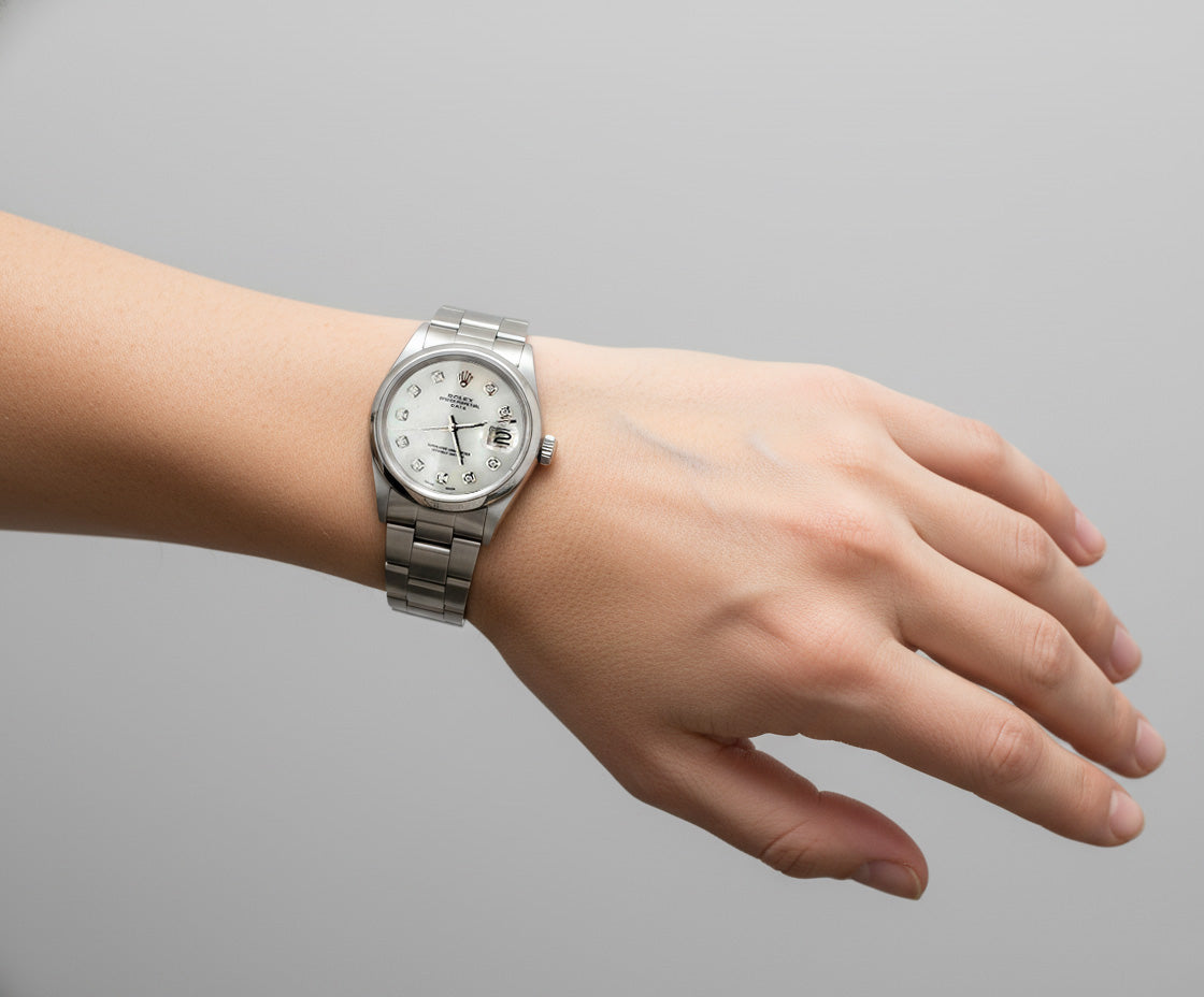 Orologio Rolex Date in madreperla bianca con quadrante in diamanti, 34 mm, in acciaio inossidabile