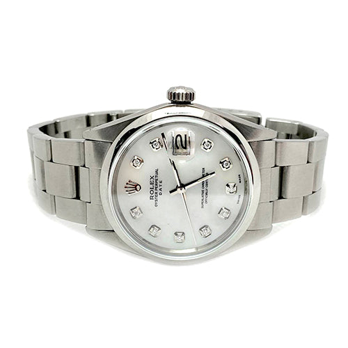 Orologio Rolex Date in madreperla bianca con quadrante in diamanti, 34 mm, in acciaio inossidabile