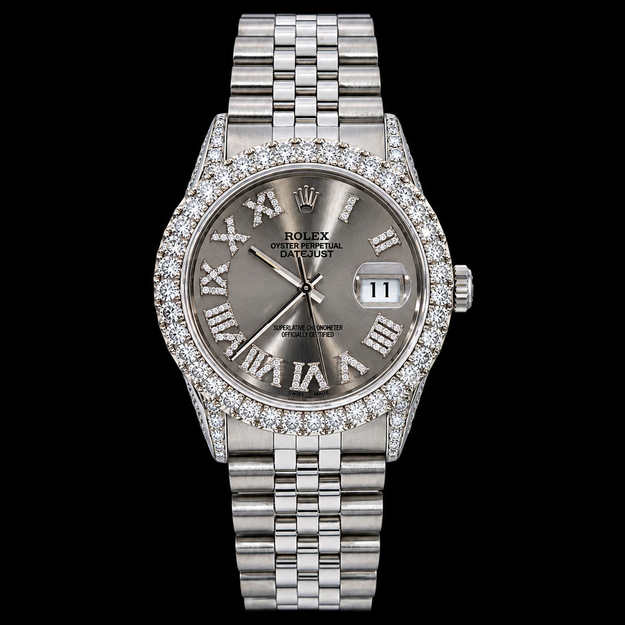 Orologio Rolex Datejust 16014 da 36 mm in acciaio inossidabile con quadrante grigio, indici a numeri romani e diamanti