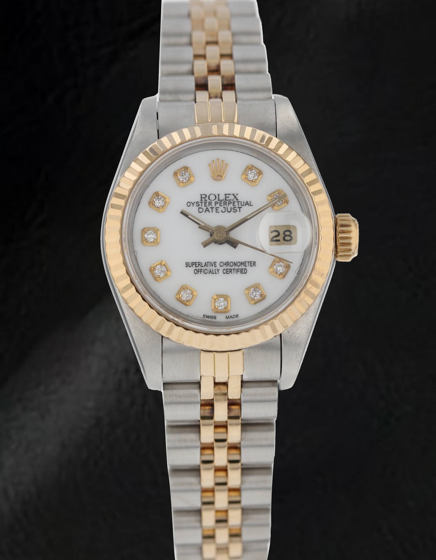 Orologio Rolex Datejust 26 mm con quadrante bianco e diamanti, bracciale Jubilee, bicolore