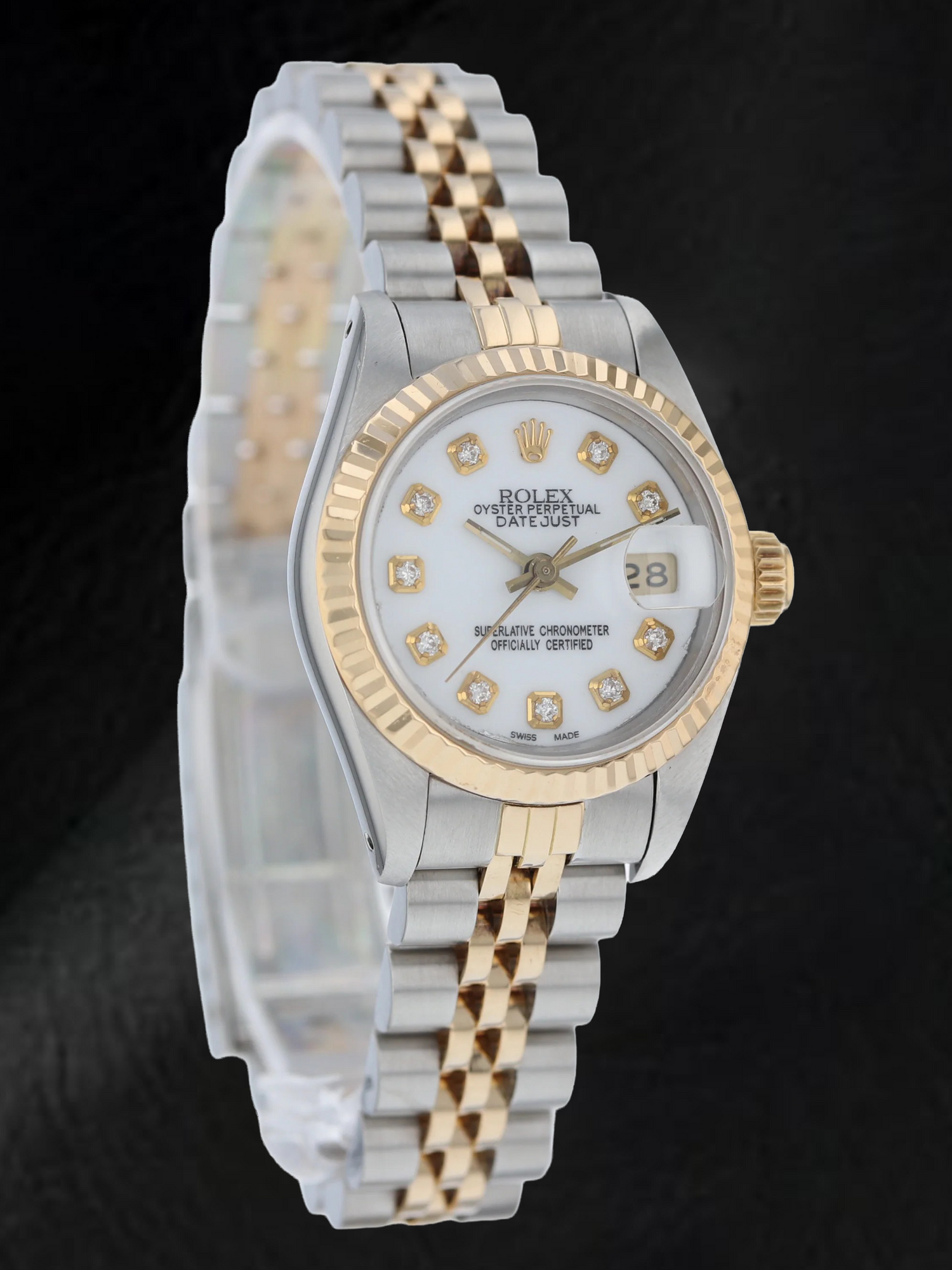 Orologio Rolex Datejust 26 mm con quadrante bianco e diamanti, bracciale Jubilee, bicolore