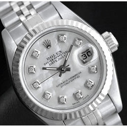 Orologio Rolex Datejust 26 mm in acciaio inossidabile con quadrante in madreperla bianca e diamanti