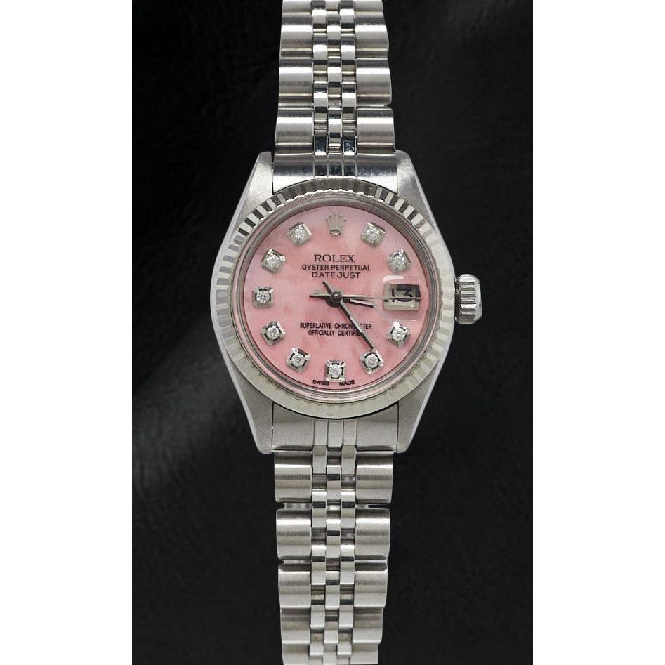 Orologio Rolex Datejust 26 mm in acciaio inossidabile con quadrante in madreperla rosa e diamanti