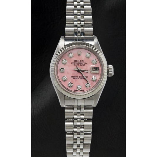 Orologio Rolex Datejust 26 mm in acciaio inossidabile con quadrante in madreperla rosa e diamanti