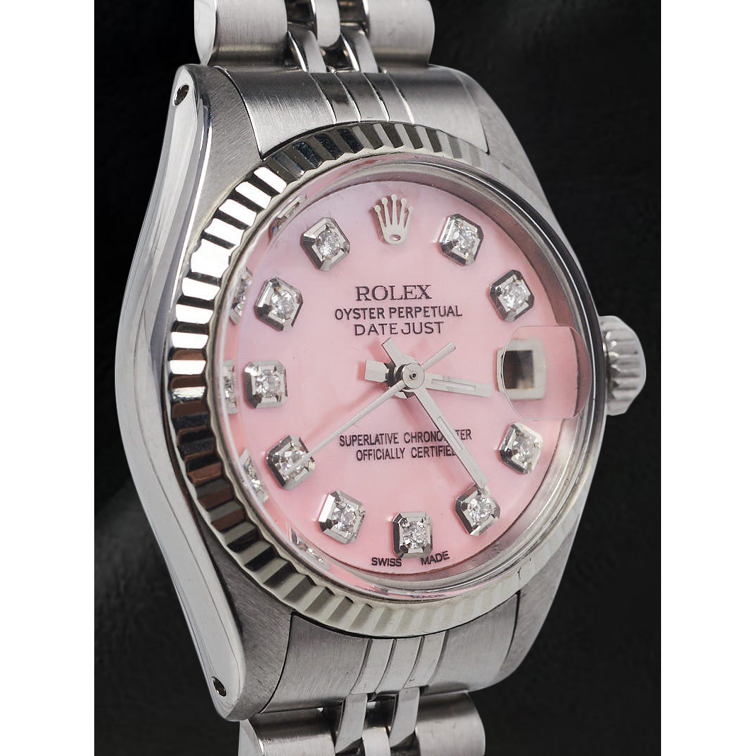 Orologio Rolex Datejust 26 mm in acciaio inossidabile con quadrante in madreperla rosa e diamanti