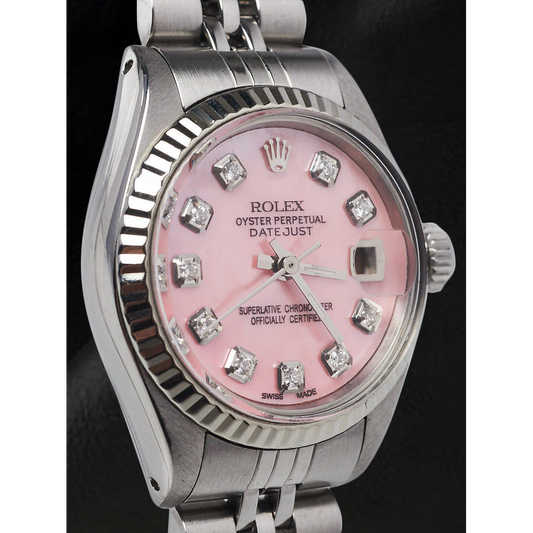Orologio Rolex Datejust 26 mm in acciaio inossidabile con quadrante in madreperla rosa e diamanti