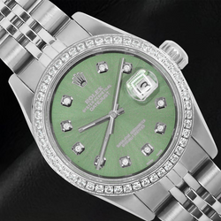 Orologio Rolex Datejust 26 mm in acciaio inossidabile con quadrante verde oliva e diamanti