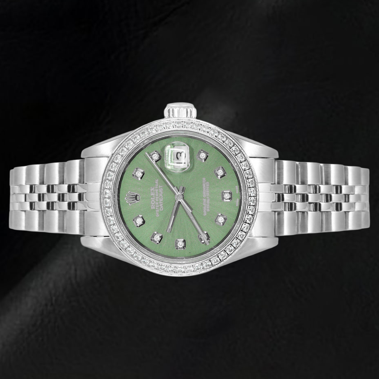 Orologio Rolex Datejust 26 mm in acciaio inossidabile con quadrante verde oliva e diamanti