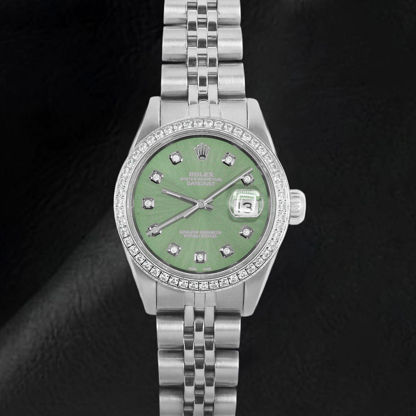 Orologio Rolex Datejust 26 mm in acciaio inossidabile con quadrante verde oliva e diamanti