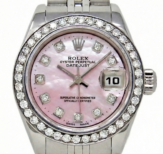 Orologio Rolex Datejust 26 mm in madreperla rosa 2004 con quadrante in diamanti in acciaio inossidabile 79174