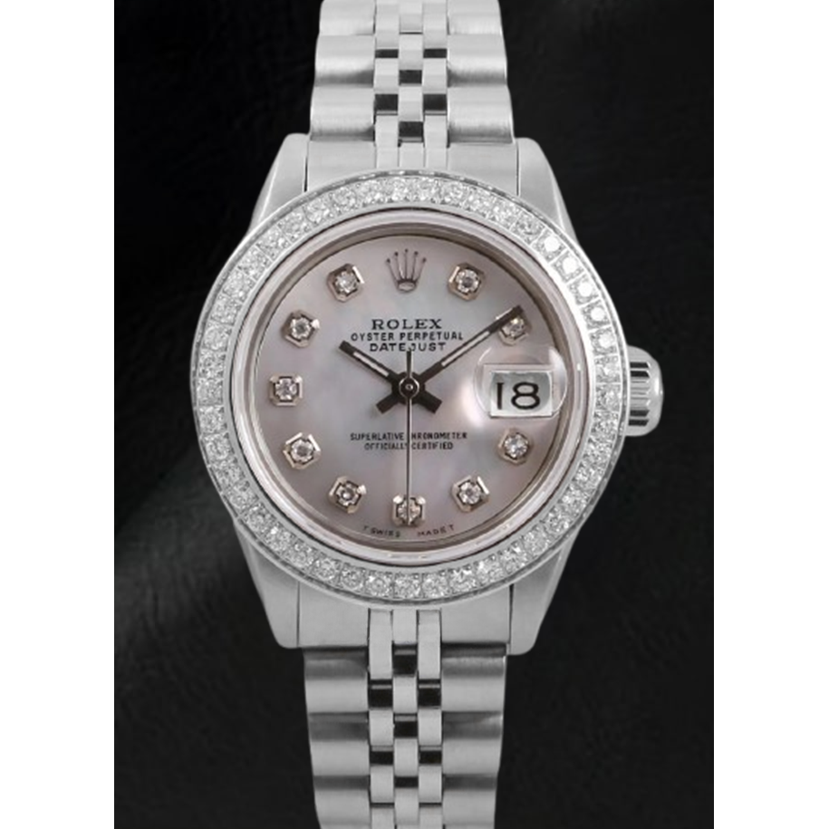 Orologio Rolex Datejust 26 mm quadrante in madreperla bianca lunetta in diamanti in acciaio inossidabile