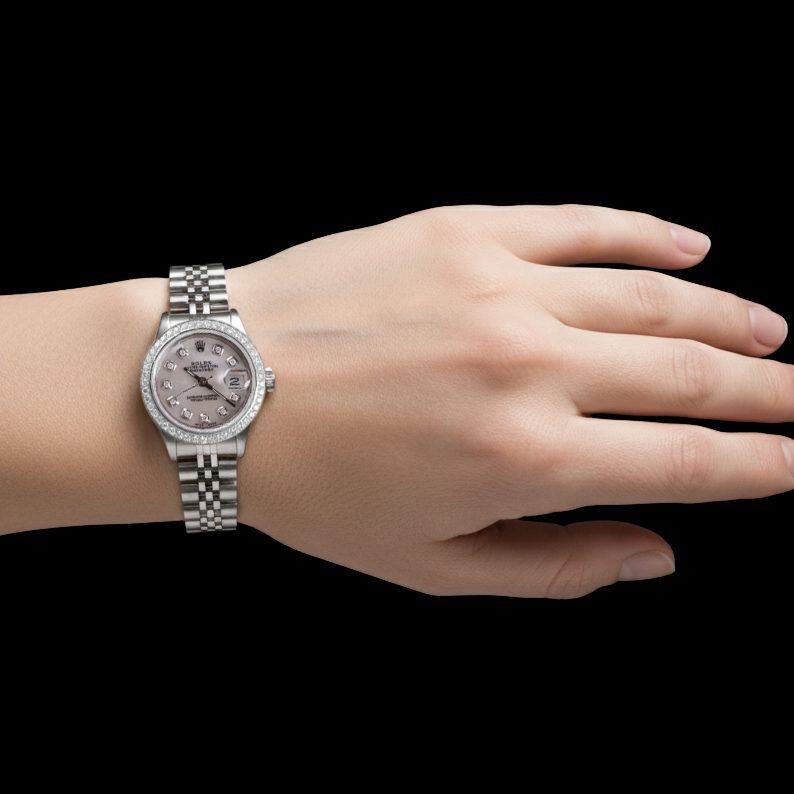 Orologio Rolex Datejust 26 mm quadrante in madreperla bianca lunetta in diamanti in acciaio inossidabile P1