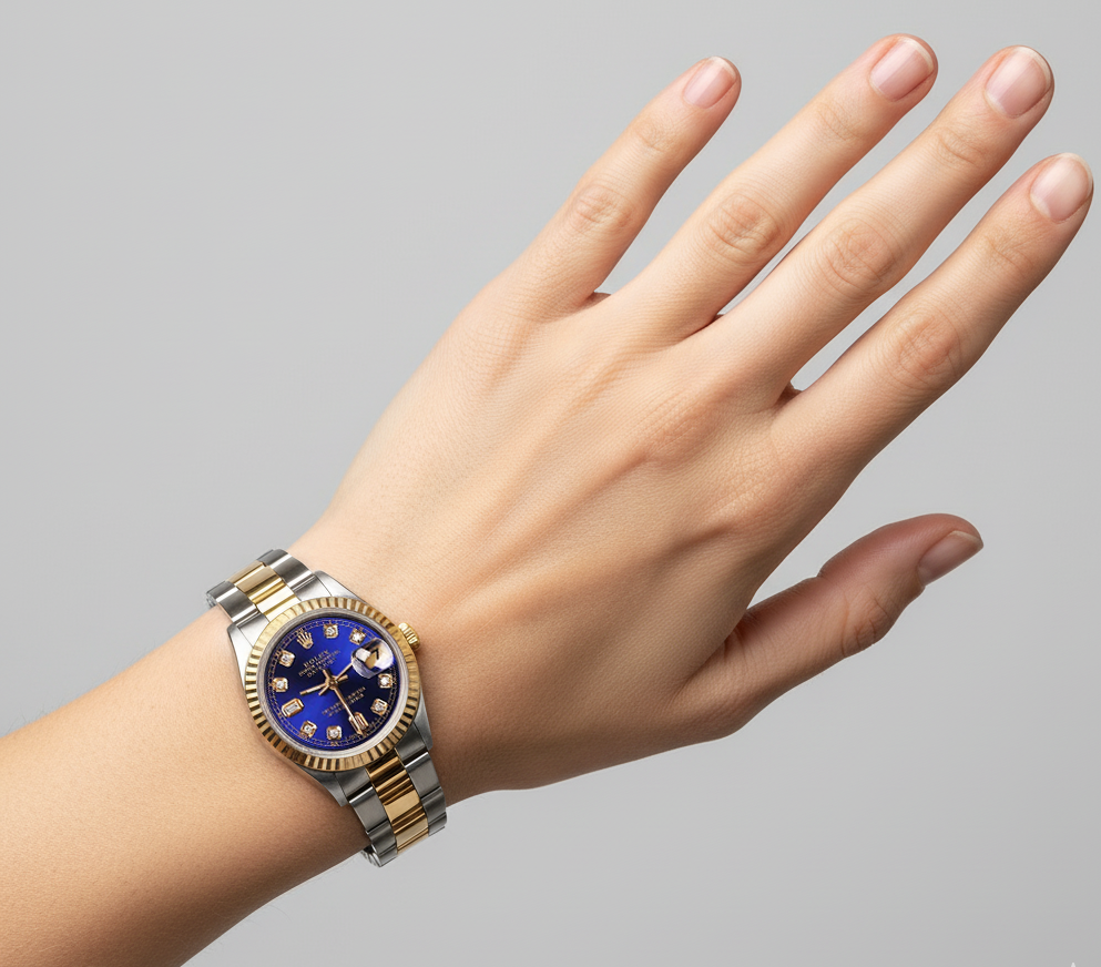 Orologio Rolex Datejust 31 mm con quadrante blu e diamanti, bracciale Oyster bicolore