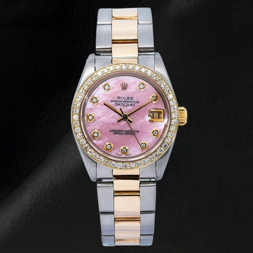 Orologio Rolex Datejust 31 mm con quadrante in madreperla rosa e diamanti, bracciale Oyster bicolore
