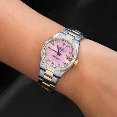 Orologio Rolex Datejust 31 mm con quadrante in madreperla rosa e diamanti, bracciale Oyster bicolore