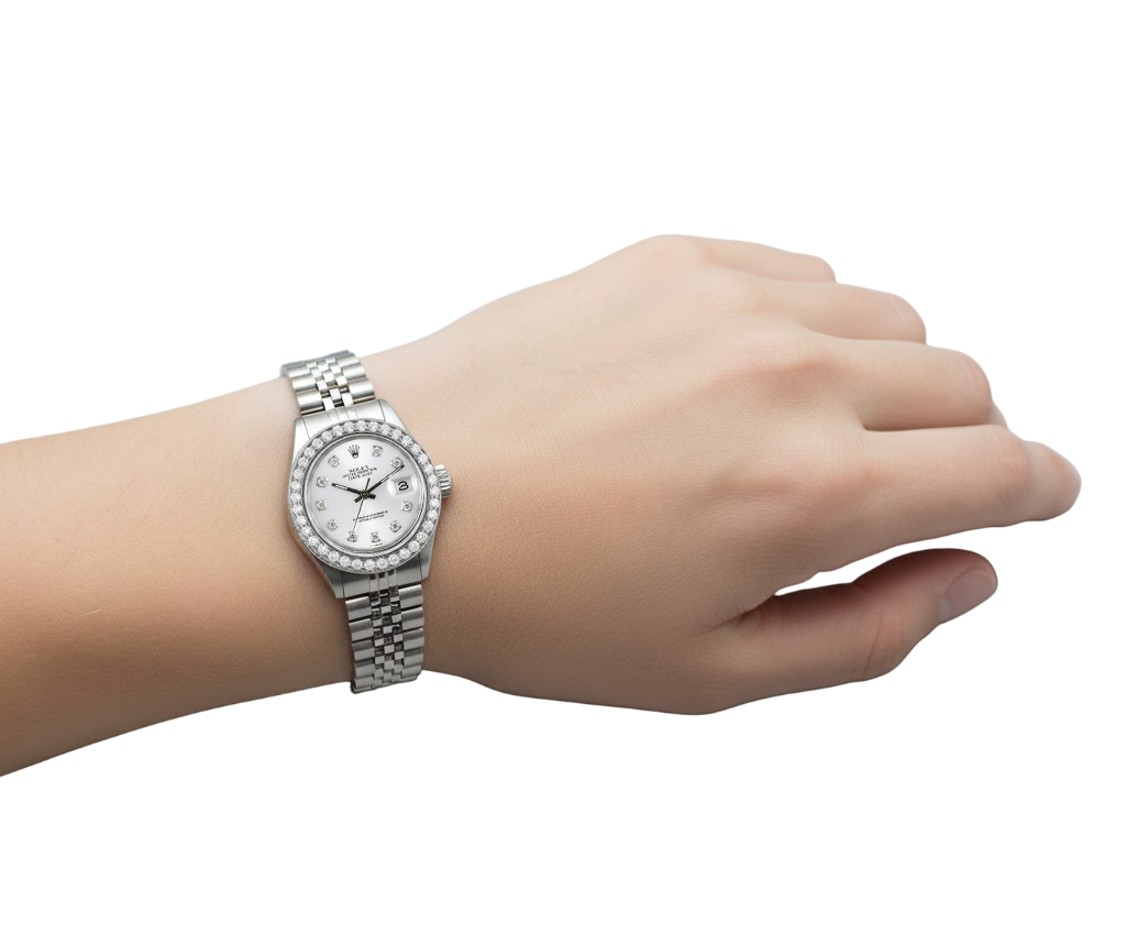 Orologio Rolex Datejust 31 mm in acciaio inossidabile con quadrante bianco madreperla e diamanti P8