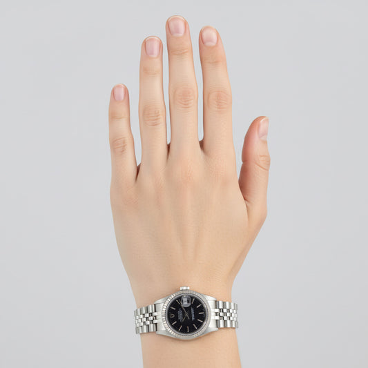 Orologio Rolex Datejust 31 mm quadrante nero a bastoncino in acciaio inossidabile P2