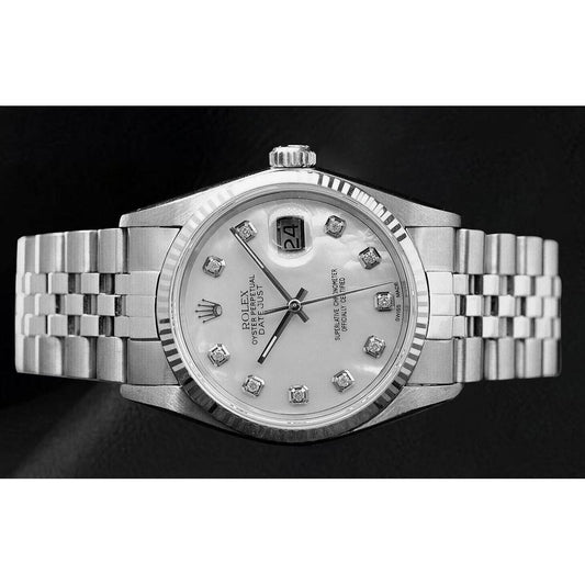Orologio Rolex Datejust 36 mm in acciaio inossidabile con quadrante in madreperla bianca e diamanti
