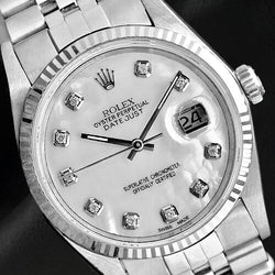 Orologio Rolex Datejust 36 mm in acciaio inossidabile con quadrante in madreperla bianca e diamanti