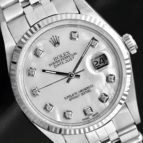 Orologio Rolex Datejust 36 mm in acciaio inossidabile con quadrante in madreperla bianca e diamanti