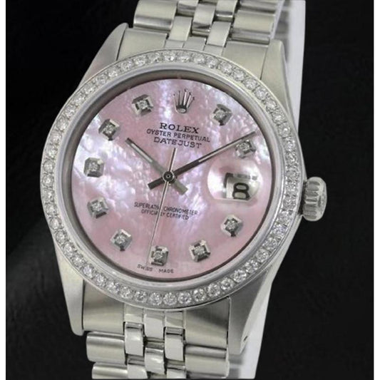 Orologio Rolex Datejust 36 mm in acciaio inossidabile con quadrante in madreperla rosa e diamanti