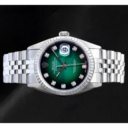 Orologio Rolex Datejust 36 mm in acciaio inossidabile con quadrante verde con diamanti