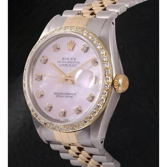 Orologio Rolex Datejust 36 mm in madreperla rosa con quadrante in diamanti bicolore