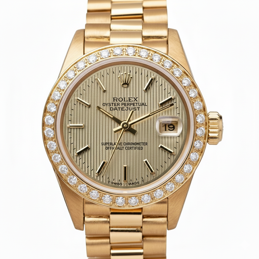 Orologio Rolex Datejust Champagne arazzo quadrante a righe sottili oro presidente