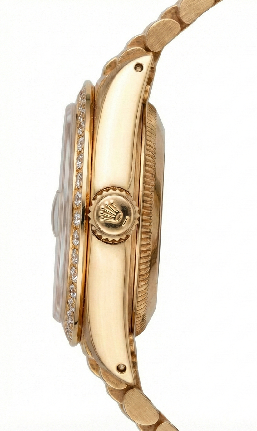 Orologio Rolex Datejust Champagne arazzo quadrante a righe sottili oro presidente