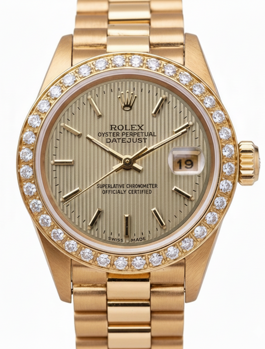 Orologio Rolex Datejust Champagne arazzo quadrante a righe sottili oro presidente