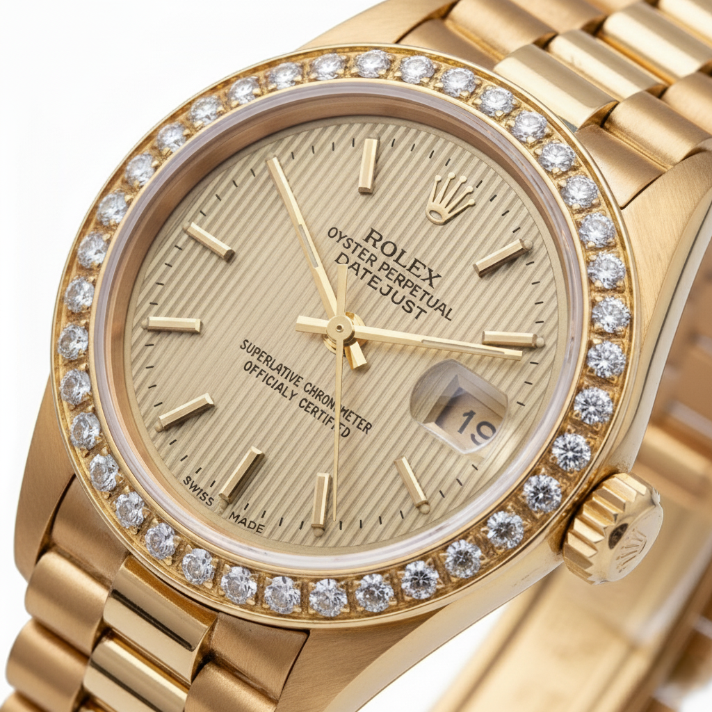 Orologio Rolex Datejust Champagne arazzo quadrante a righe sottili oro presidente