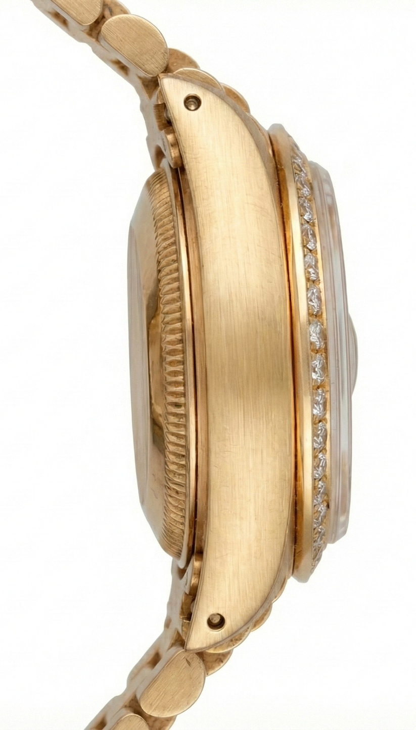 Orologio Rolex Datejust Presidente in oro giallo con lunetta in diamanti e quadrante arabo