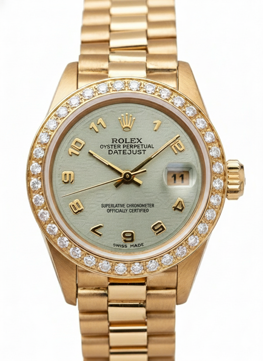 Orologio Rolex Datejust Presidente in oro giallo con lunetta in diamanti e quadrante arabo
