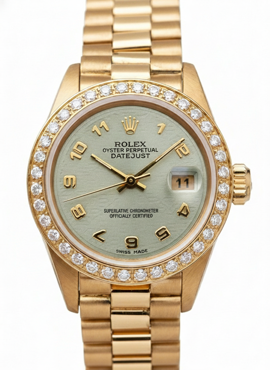 Orologio Rolex Datejust Presidente in oro giallo con lunetta in diamanti e quadrante arabo