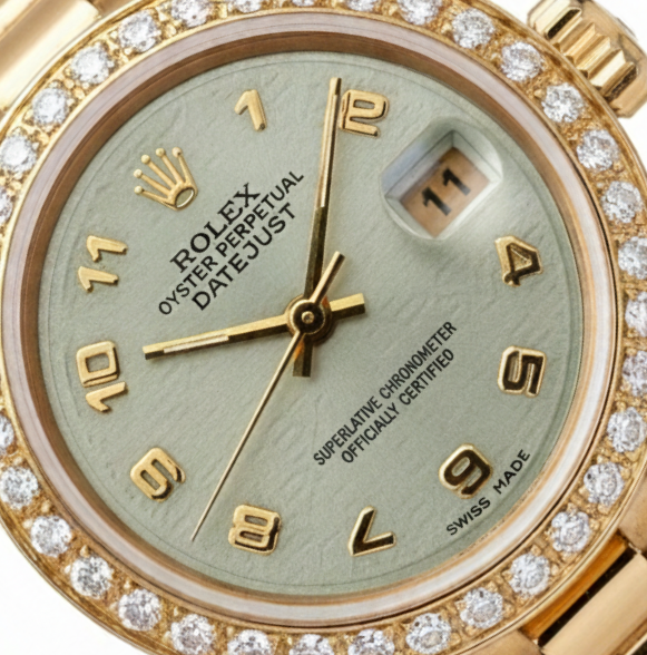 Orologio Rolex Datejust Presidente in oro giallo con lunetta in diamanti e quadrante arabo