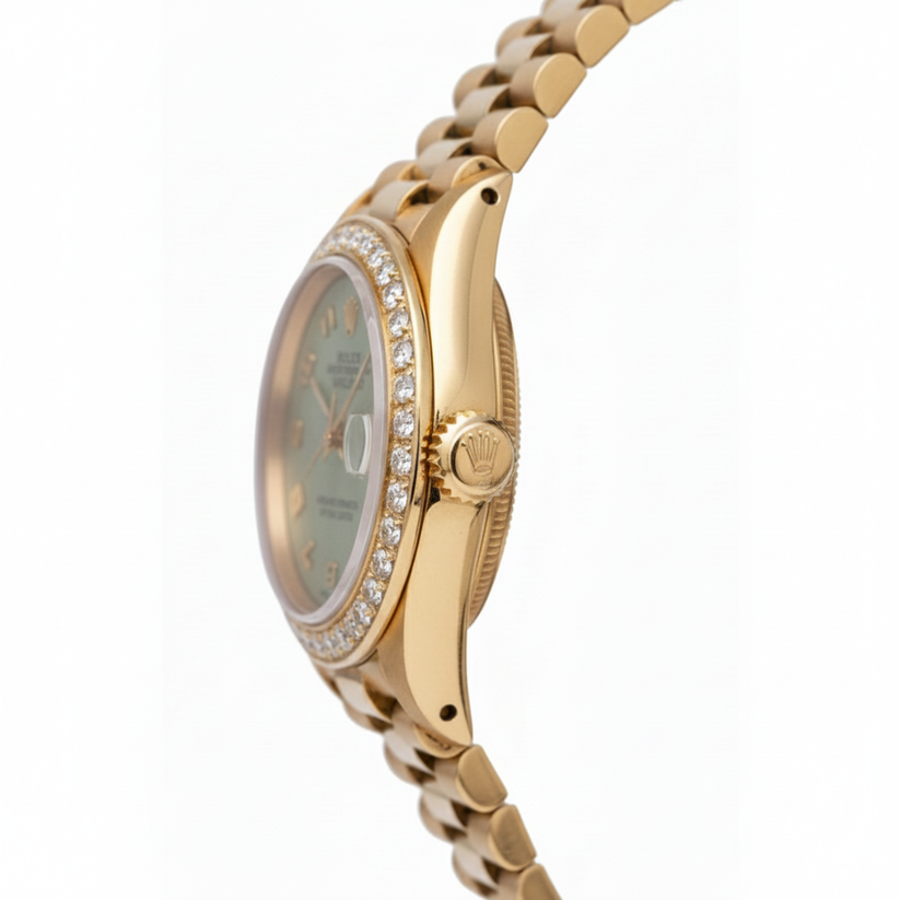 Orologio Rolex Datejust Presidente in oro giallo con lunetta in diamanti e quadrante arabo