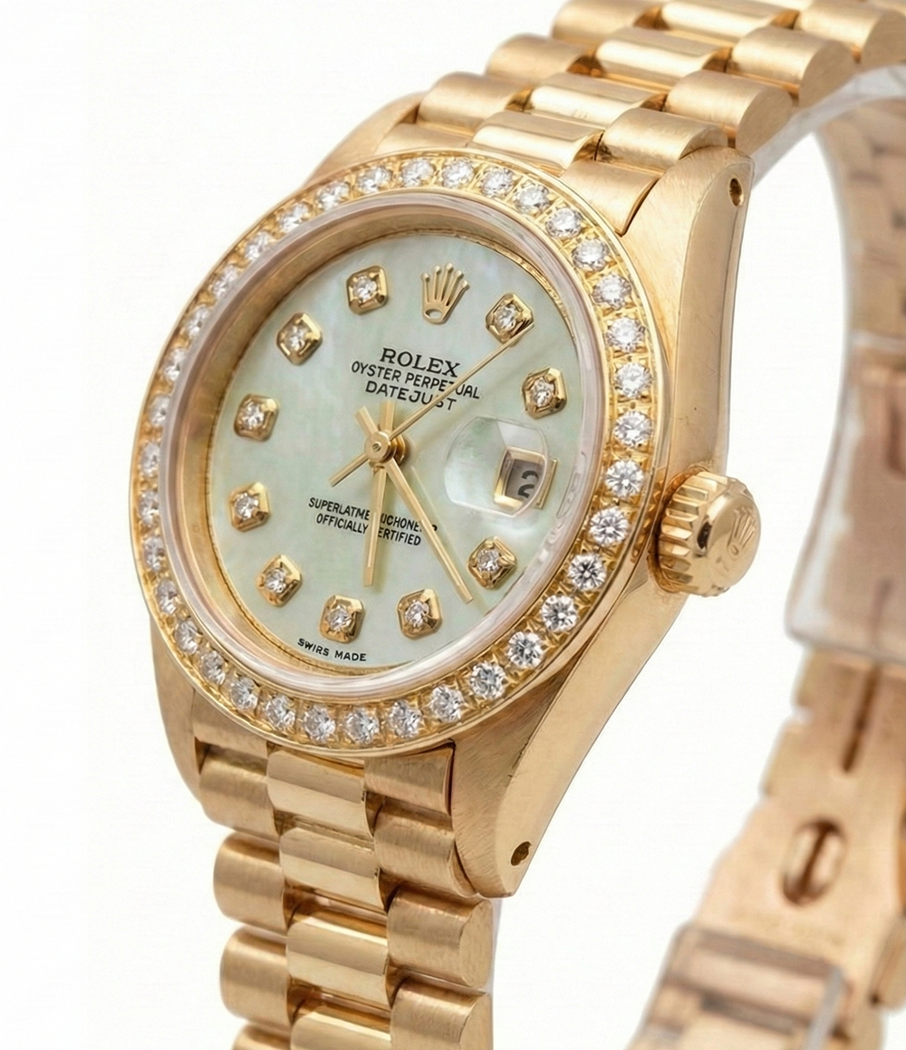 Orologio Rolex Datejust Stile del Presidente Quadrante in madreperla bianca con diamanti Lunetta in oro