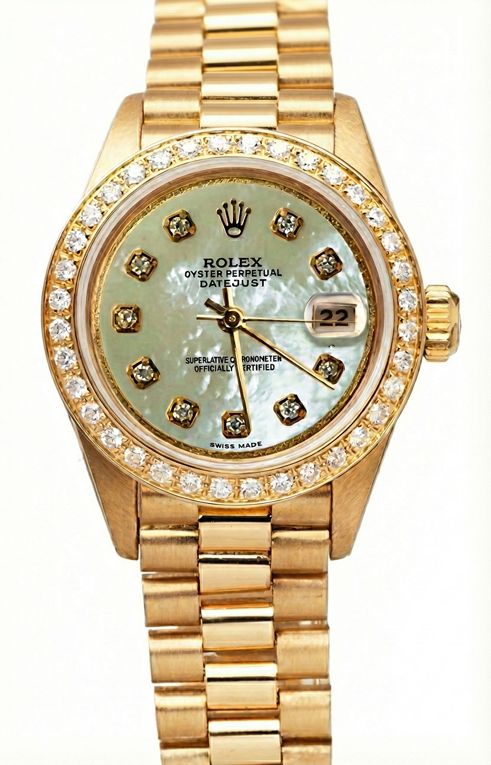 Orologio Rolex Datejust Stile del Presidente Quadrante in madreperla bianca con diamanti Lunetta in oro